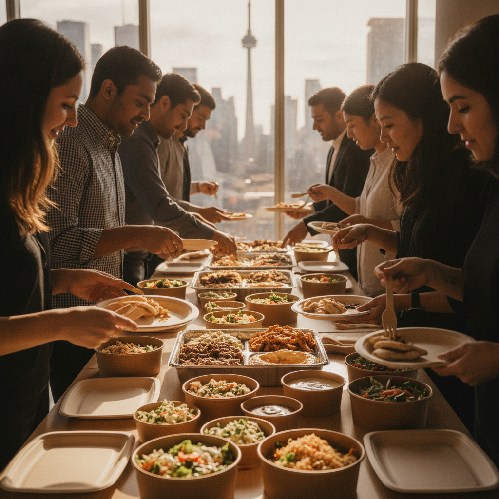 Office team in Toronto serving themselves from shawarma catering platters and bowls