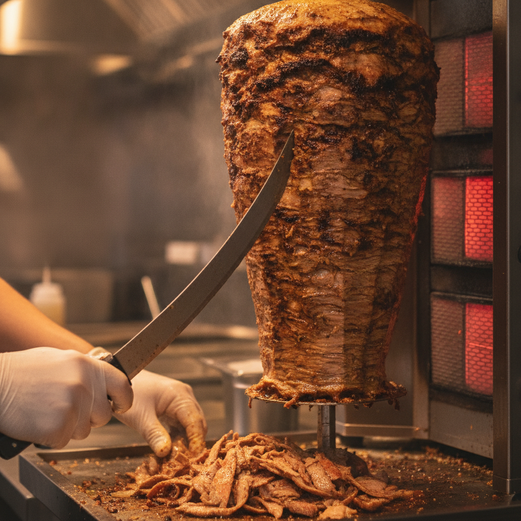 Close-up carving shawarma spit for Toronto catering, showing charred edges and juicy slices
