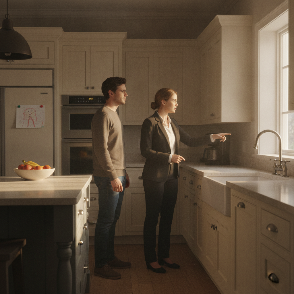 Property buying agent leading clients through a bright kitchen during a home showing, pointing out features and inspection focus areas