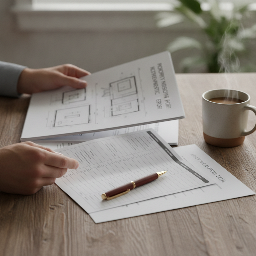 Close-up of a buyer organizing an inspection report, pre-approval letter, and a home buying checklist with a property buying agent