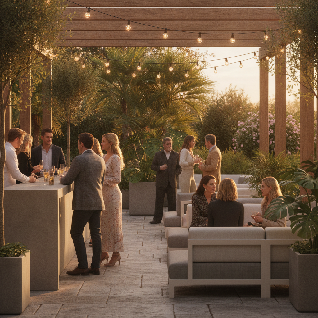 Outdoor patio social gathering with string lights and lounge seating at a Mississauga event venue