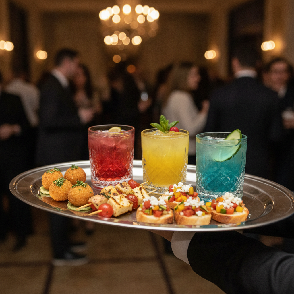 Server presenting gourmet appetizers and mocktails at a Mississauga social party venue