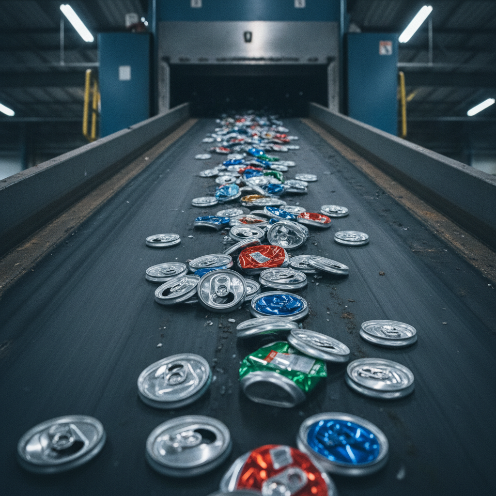 Close-up of crushed aluminum cans on a conveyor heading to a baler at an Etobicoke scrap yard, illustrating aluminum can recycling process