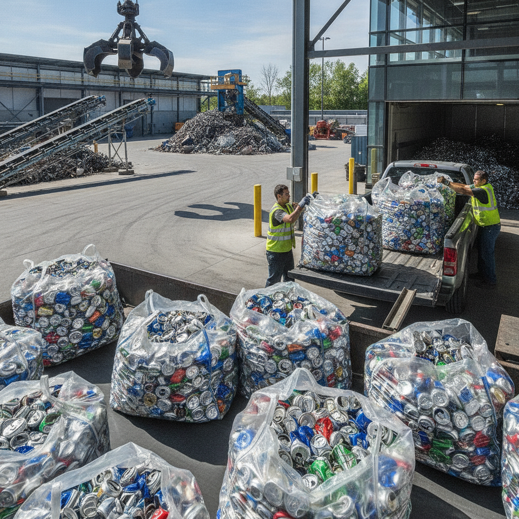 Bags of aluminum cans being unloaded at an Etobicoke scrap yard drop-off zone, overview of aluminum can recycling in the GTA