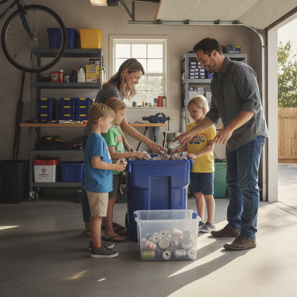 Family in Etobicoke garage sorting aluminum cans into a larger container before scrap yard drop-off, illustrating best practices for aluminum can recycling