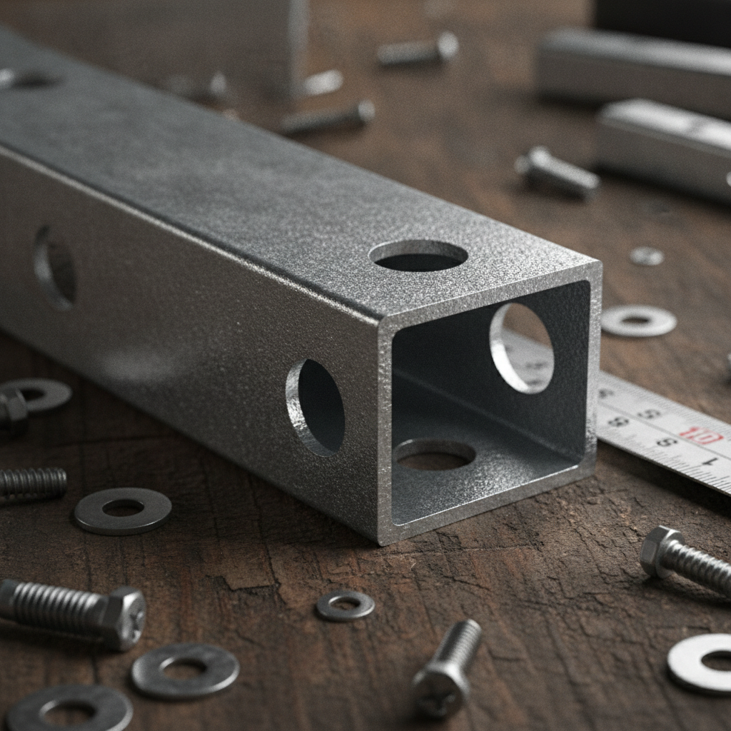 Close-up galvanized C channel profile used for C channel framing with punched holes and zinc coating texture