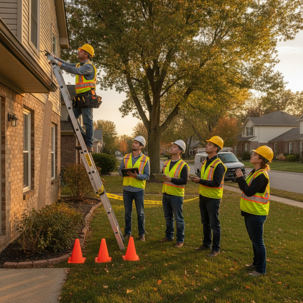 Training group practicing roof inspection techniques at a suburban home, part of home inspection schools field labs