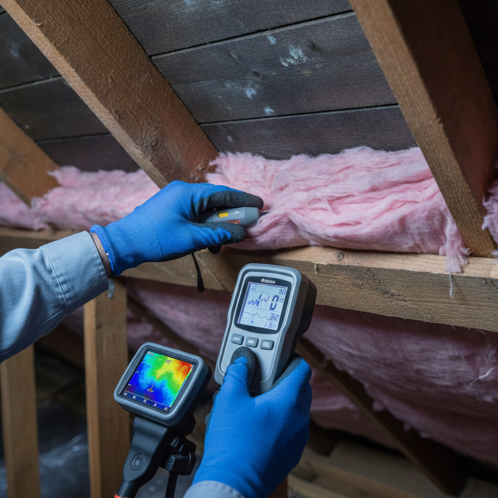 Close-up training in home inspection schools using a moisture meter and infrared camera on attic insulation and roof decking