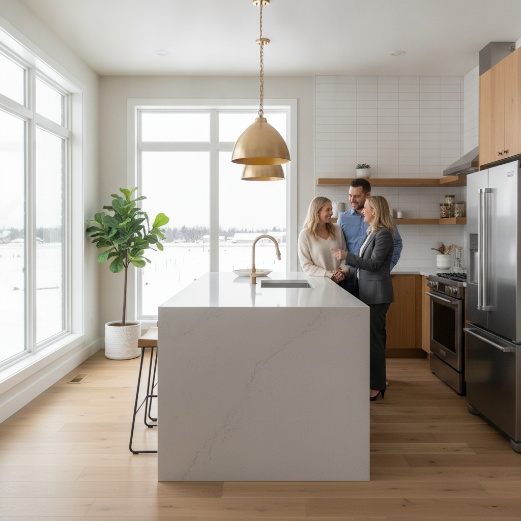 Ambleside home search tips illustrated in a bright Edmonton showhome kitchen where buyers compare layout, storage, and natural light with their rubric