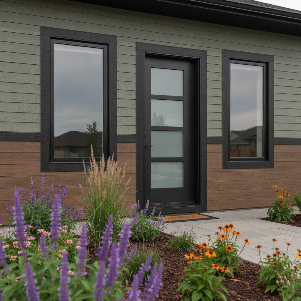 Ambleside home search tips in Edmonton: close-up of modern exterior details buyers assess during tours, including entry, windows, and siding quality
