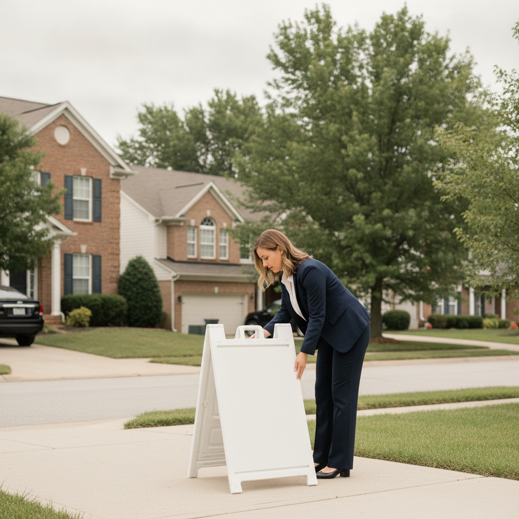 Agent placing a blank A-frame open house sign near a driveway in a Mississauga neighborhood