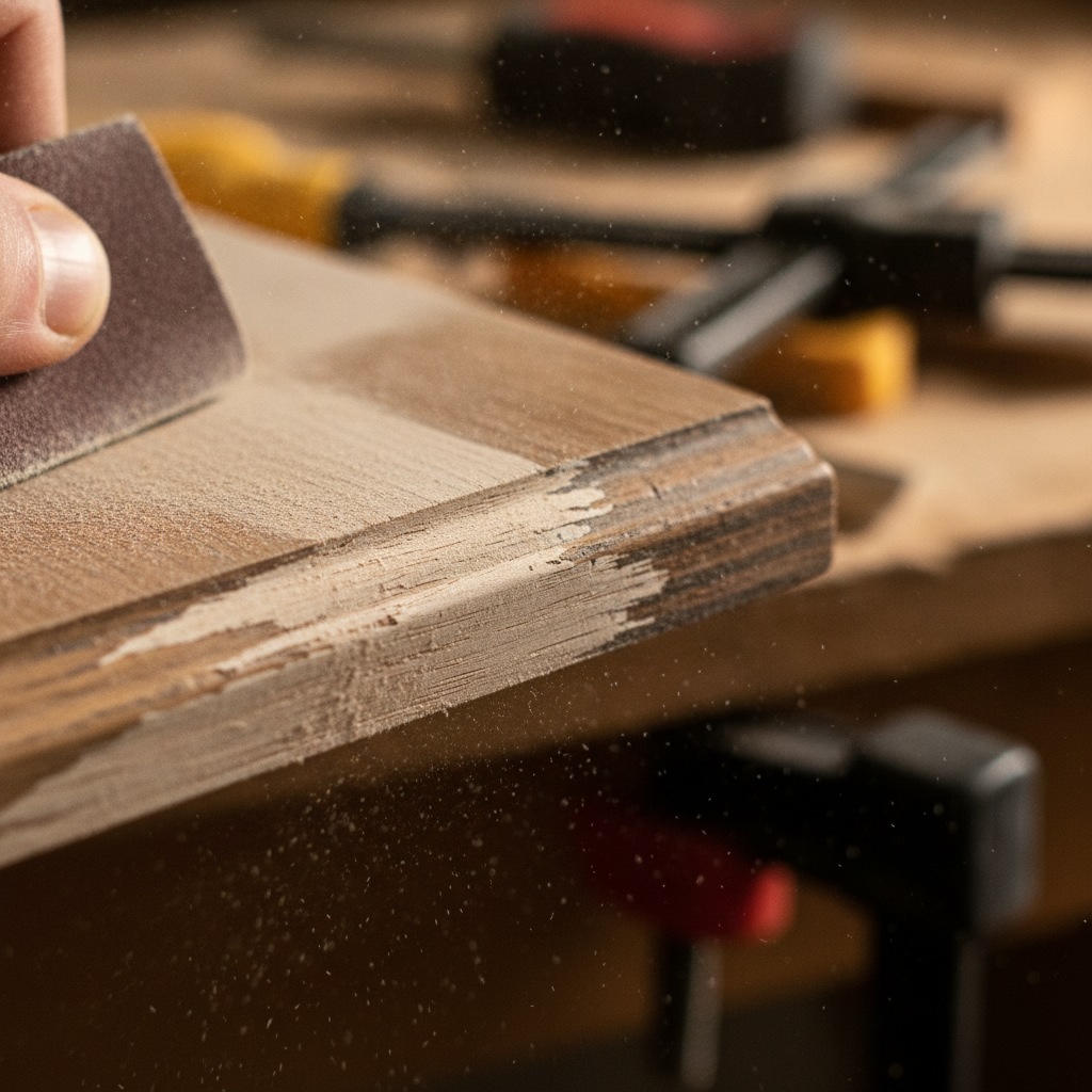Close-up sanding along the grain during wood cabinet finish restoration in a York kitchen