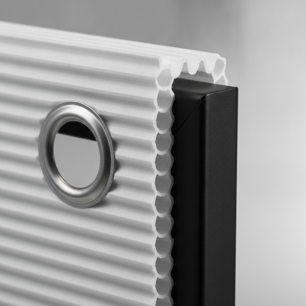 Close-up of coroplast fluted core, grommet, and metal frame edge used in durable residential real estate signs