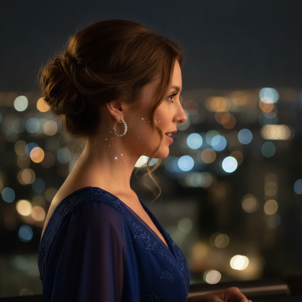 Lifestyle view showing diamond hoop earrings from premium diamond earrings brands worn at an evening event