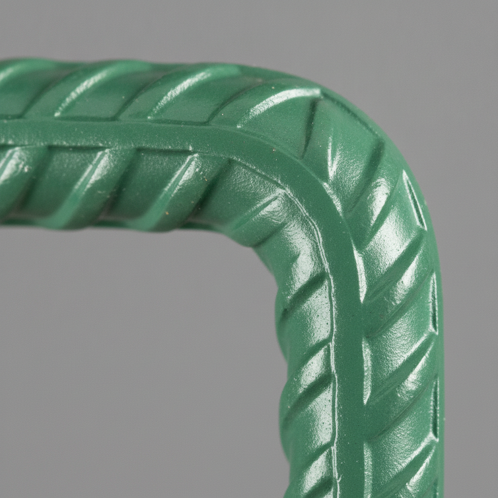 Macro close-up of epoxy coated rebar rib texture and bend, showing coating integrity and technical finish