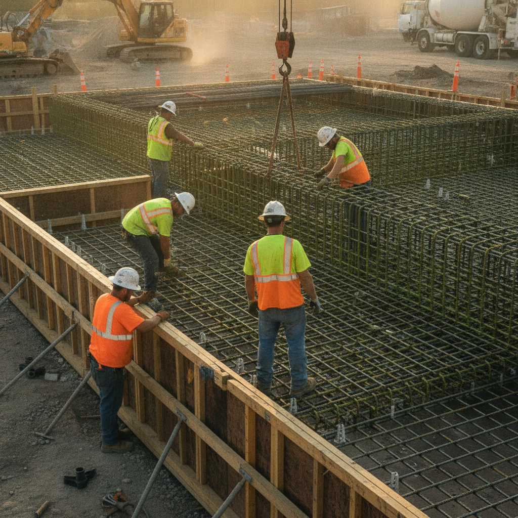 Field placement of epoxy coated rebar mats and cages in active formwork, illustrating best practices for handling and repair