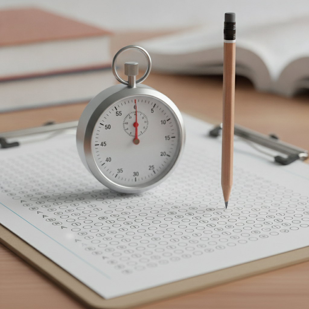 Close-up of PgMP mock exam setup with timer, pencil, and bubble sheet for program management practice