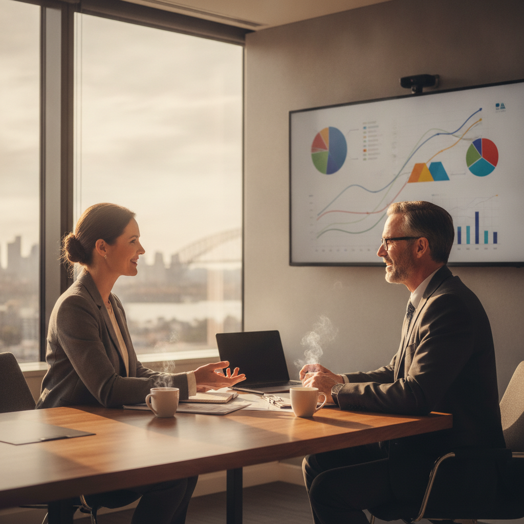 Small business owner meeting an accountant to review accrual-based financial statements with charts visible in a modern Parramatta office