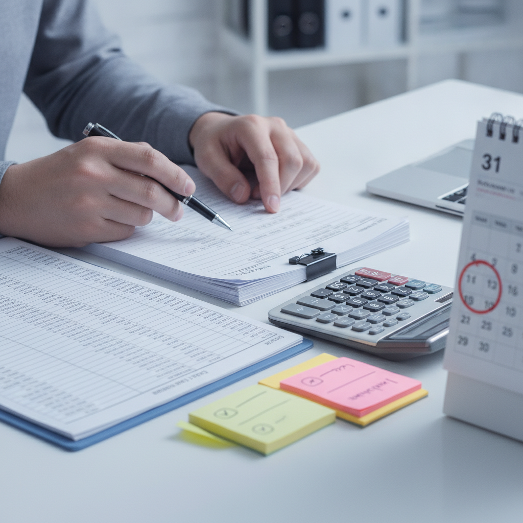 Close-up of accrual accounting journal entries with invoices and a ledger, showing month-end reconciliations and month-end checks in American English context