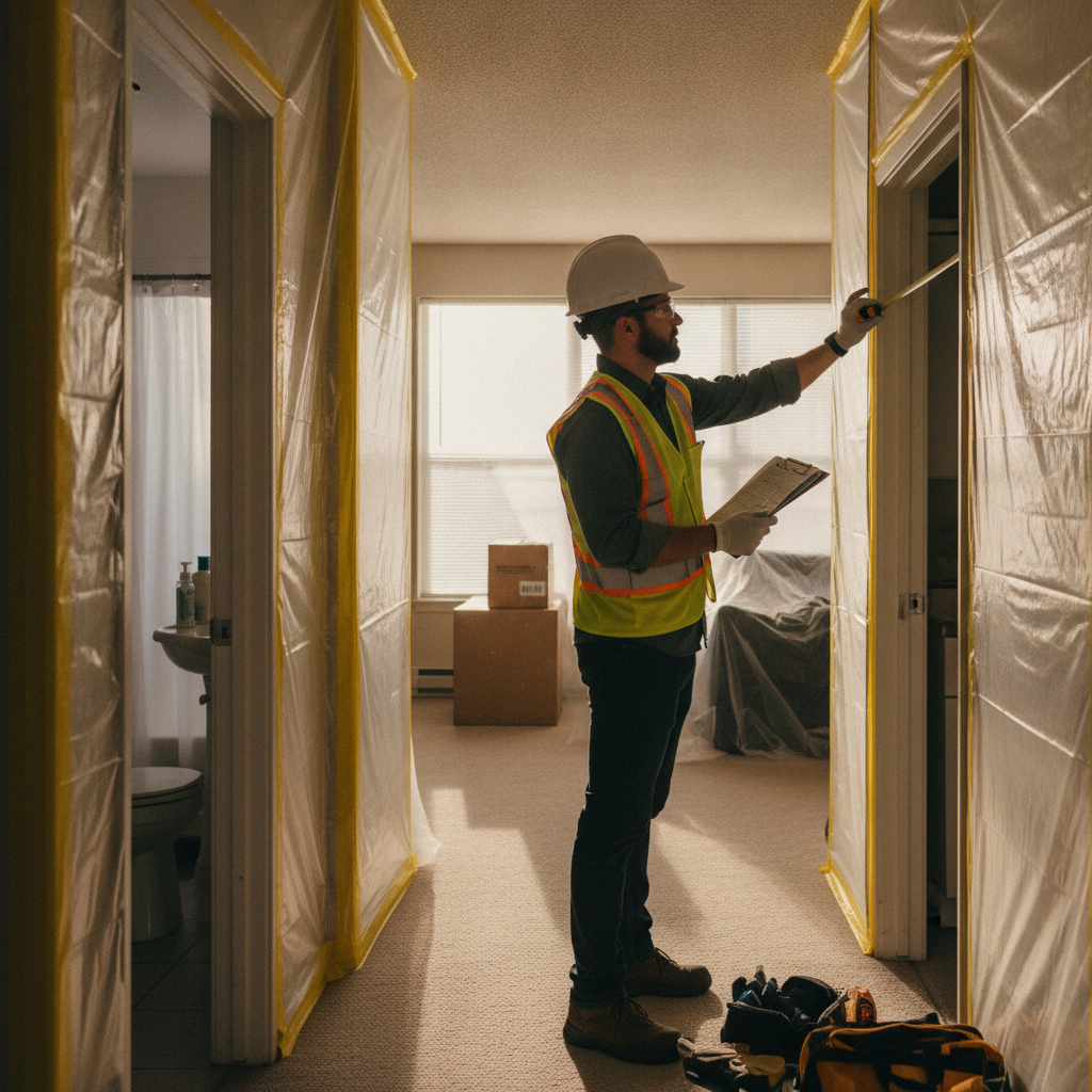 Project manager conducting site assessment in an occupied apartment with tenant-safe containment and checklist