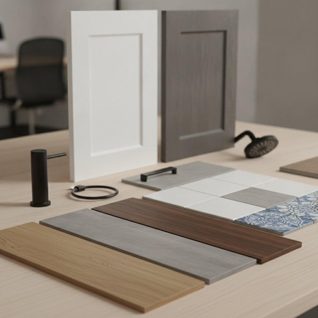 Standardized finish samples for commercial apartment renovations: vinyl plank, ceramic tile, cabinet doors, matte black fixtures on table