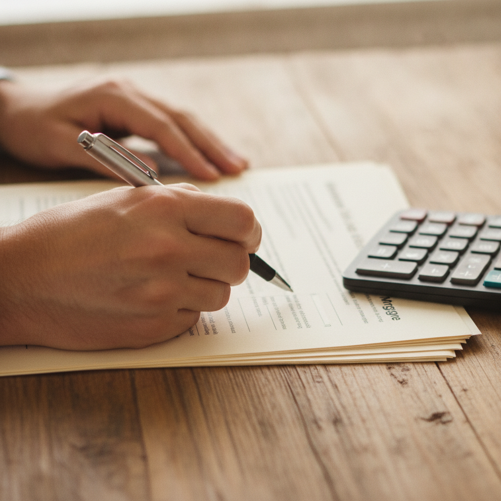 Close-up of renewal paperwork, calculator, and pen illustrating Canadian mortgage renewal steps