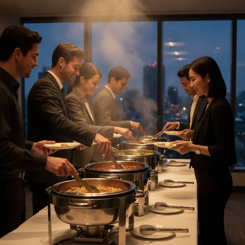 Office buffet line with colleagues serving themselves from chafing dishes, illustrating a collaborative corporate catering menu setup