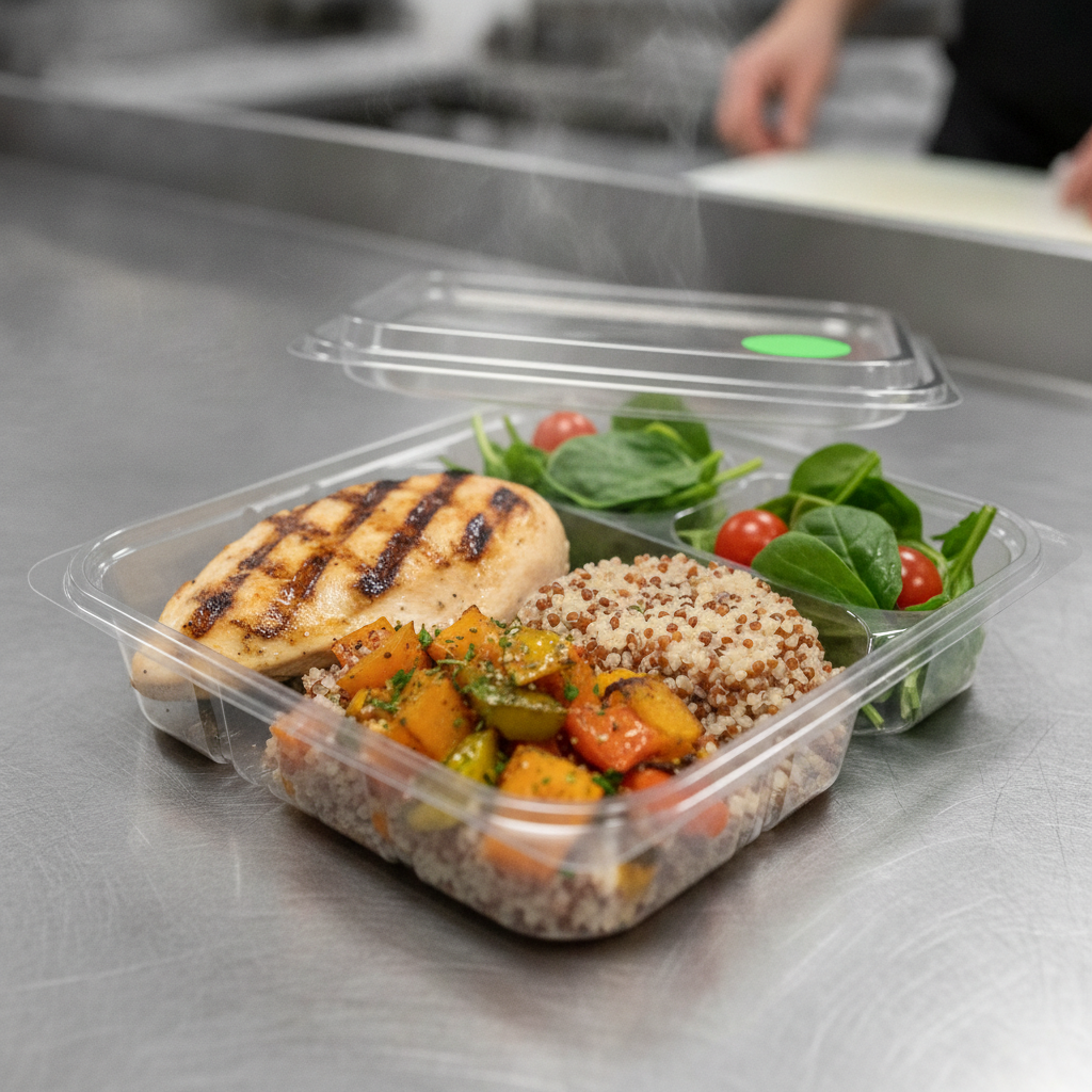 Individually packaged corporate catering meal tray with grains, protein, and vegetables for a balanced office catering menu