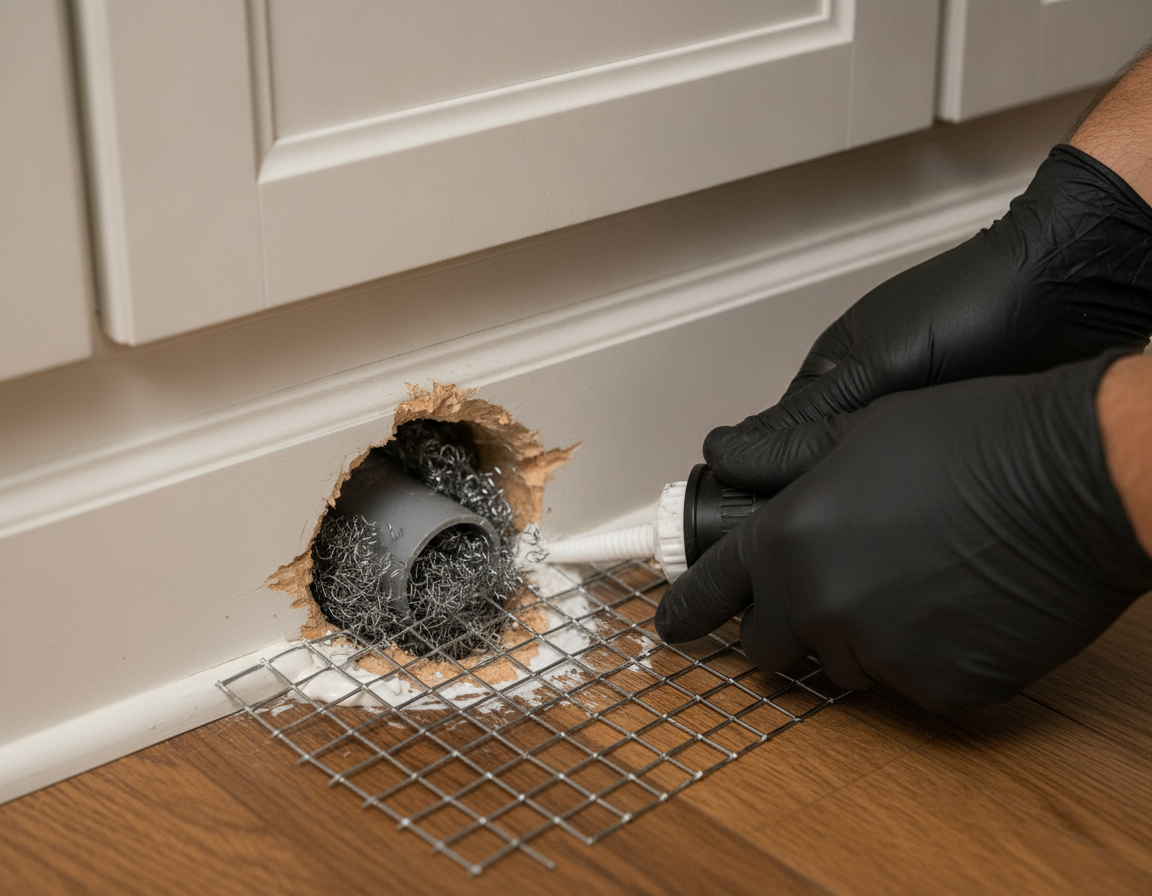 Close-up rodent exclusion with steel wool and hardware cloth sealing a pipe gap in an Oshawa home