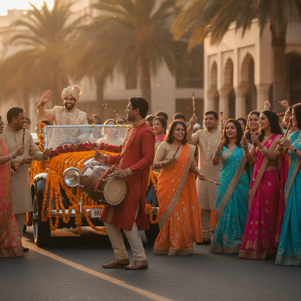 Outdoor baraat scene in Midland with dhol drummer, groom processional, and guests dancing