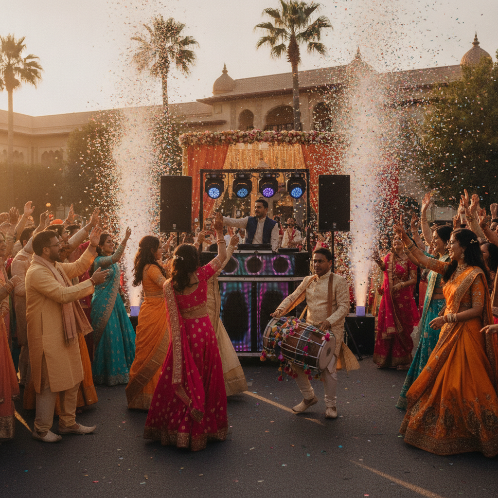 South Asian baraat with mobile DJ cart and dhol player, illustrating event logistics for processions
