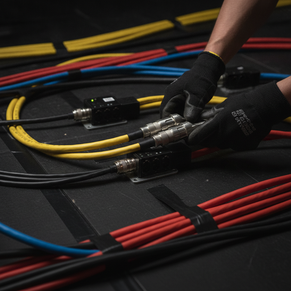 Close-up of professional event power distribution and cable management for wedding production logistics
