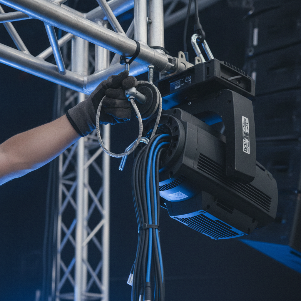 Close-up of event lighting logistics: technician securing moving-head light to truss with safety cable during Midland wedding setup