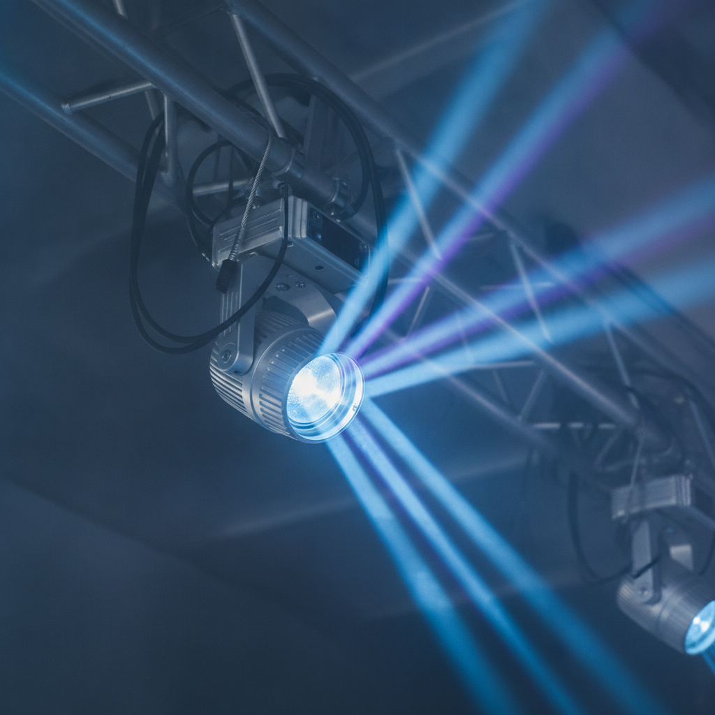 Close-up of professional moving-head stage lighting casting sharp beams through haze, showcasing audio visual events lighting design