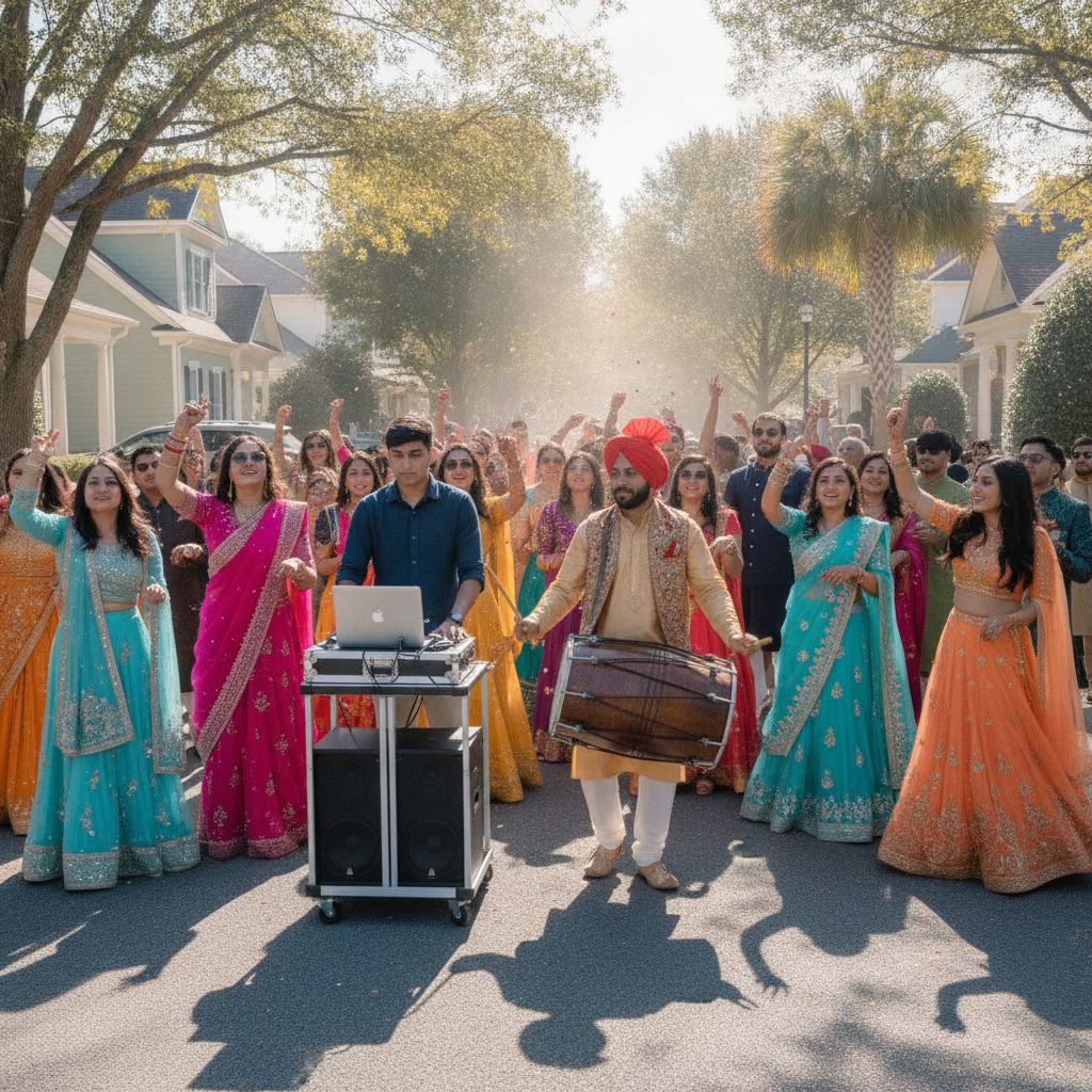 Outdoor baraat in Midland with mobile DJ cart, dhol drummer, and guests dancing—an audio visual events use case