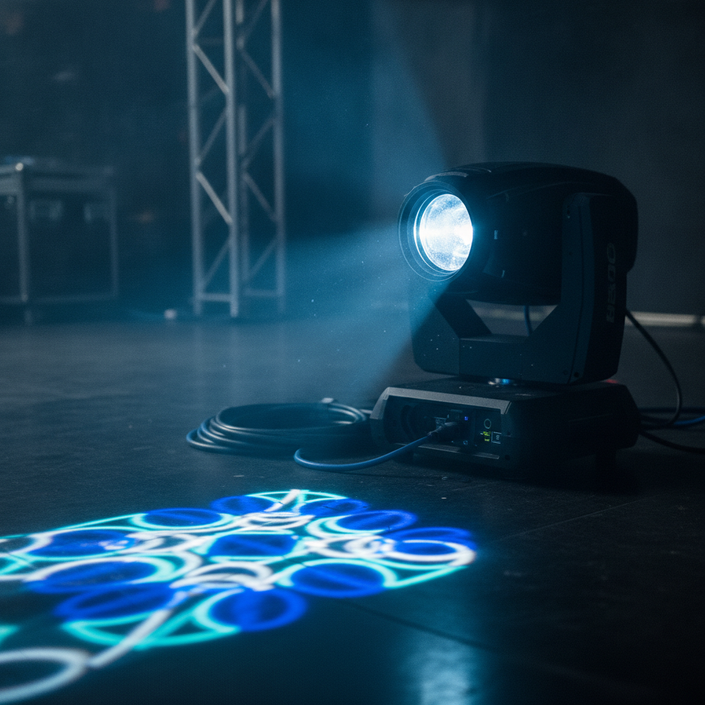 Close-up of a professional moving head creating a designer lighting gobo pattern on a wedding dance floor in Midland