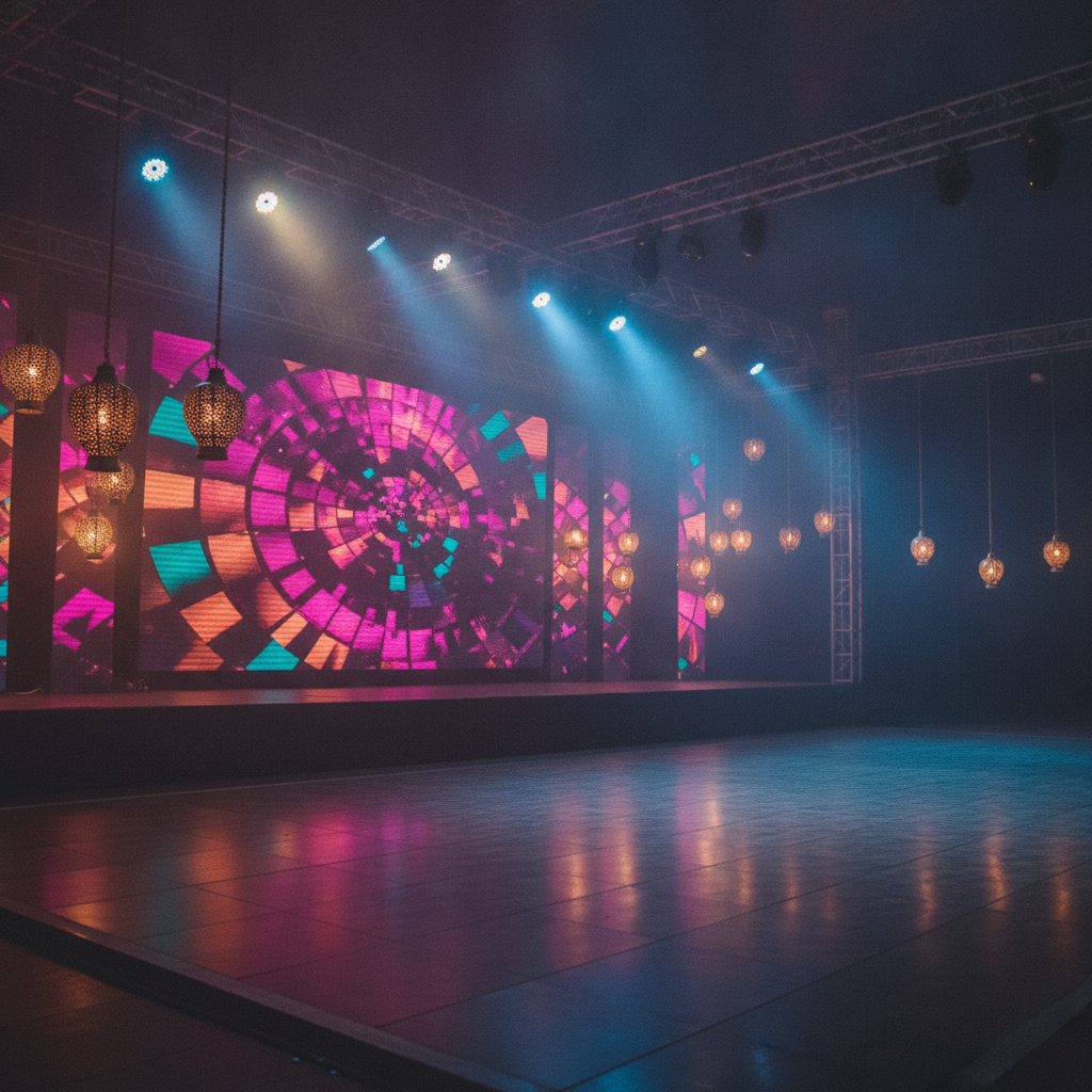 Sangeet stage scene with vibrant wash, LED wall patterns, and subtle haze showing designer lighting in Midland