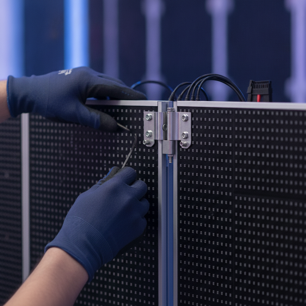 Close-up of indoor LED wall panel assembly used in wedding production design, showing pixel grid and mounting hardware