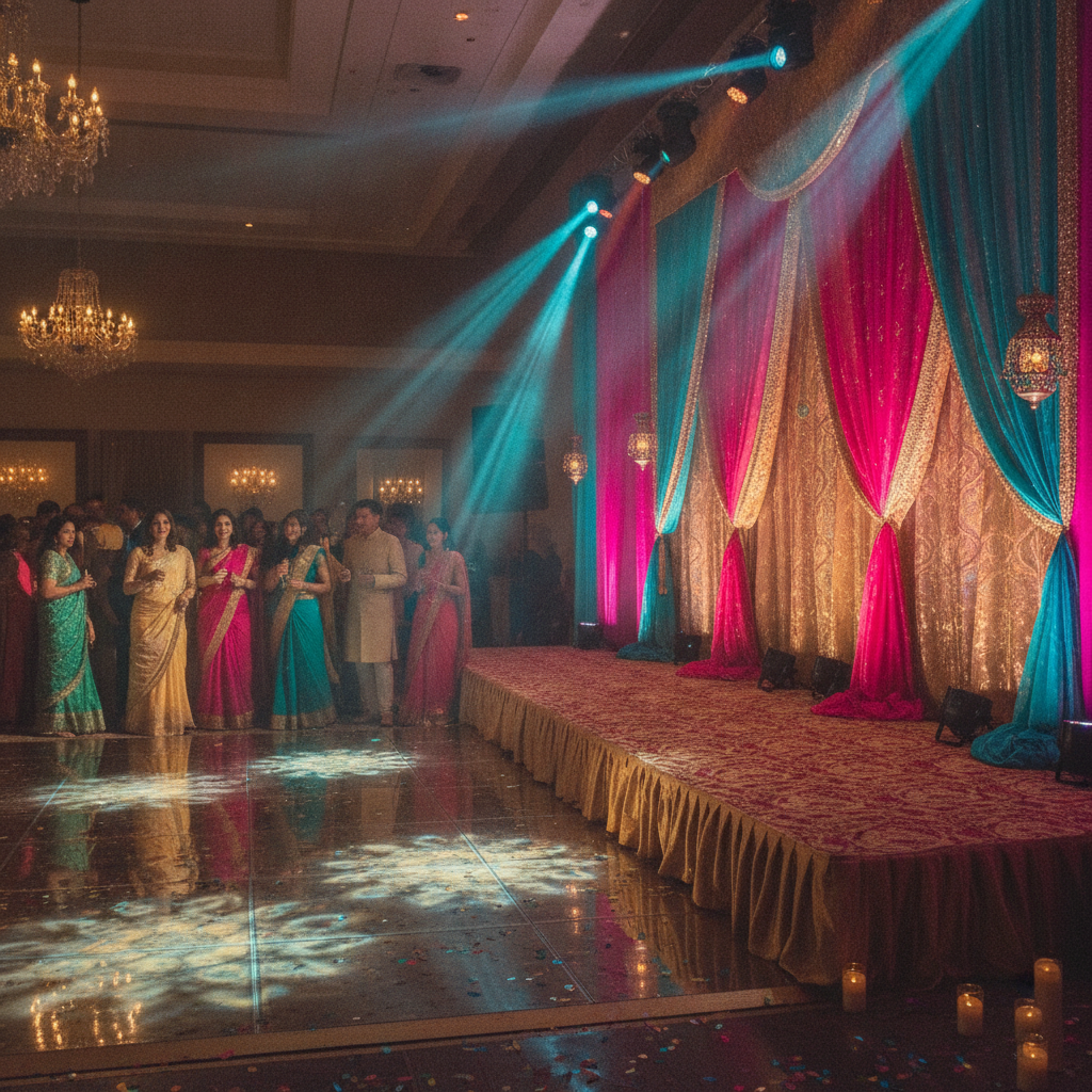 Colorful sangeet stage with intelligent lighting, uplights, and glossy dance floor demonstrating wedding production design in action