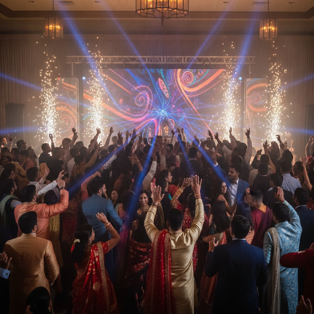South Asian wedding dance floor with synchronized lighting and LED wall visuals designed for immersive reception energy