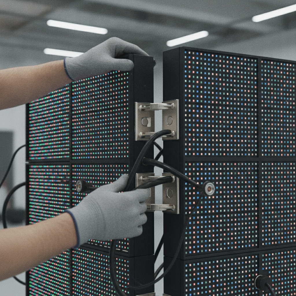Close-up LED panel assembly showing pixel matrix and locking mechanism for professional LED panel design