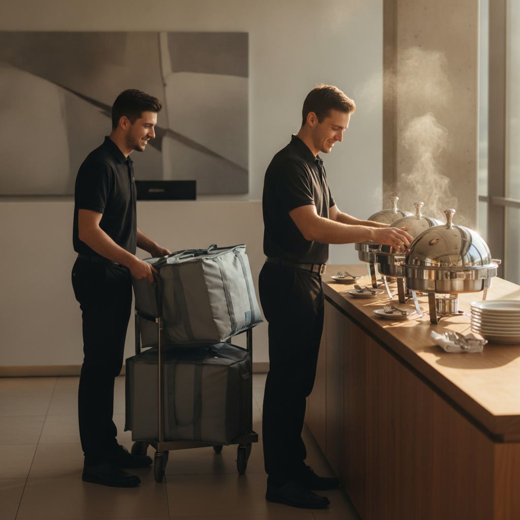 Catering delivery setup at a GTA office reception with chafing dishes and thermal bags