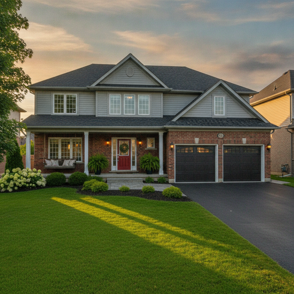 Brampton curb appeal example supporting a home selling checklist: manicured lawn, clean driveway, welcoming porch at golden hour