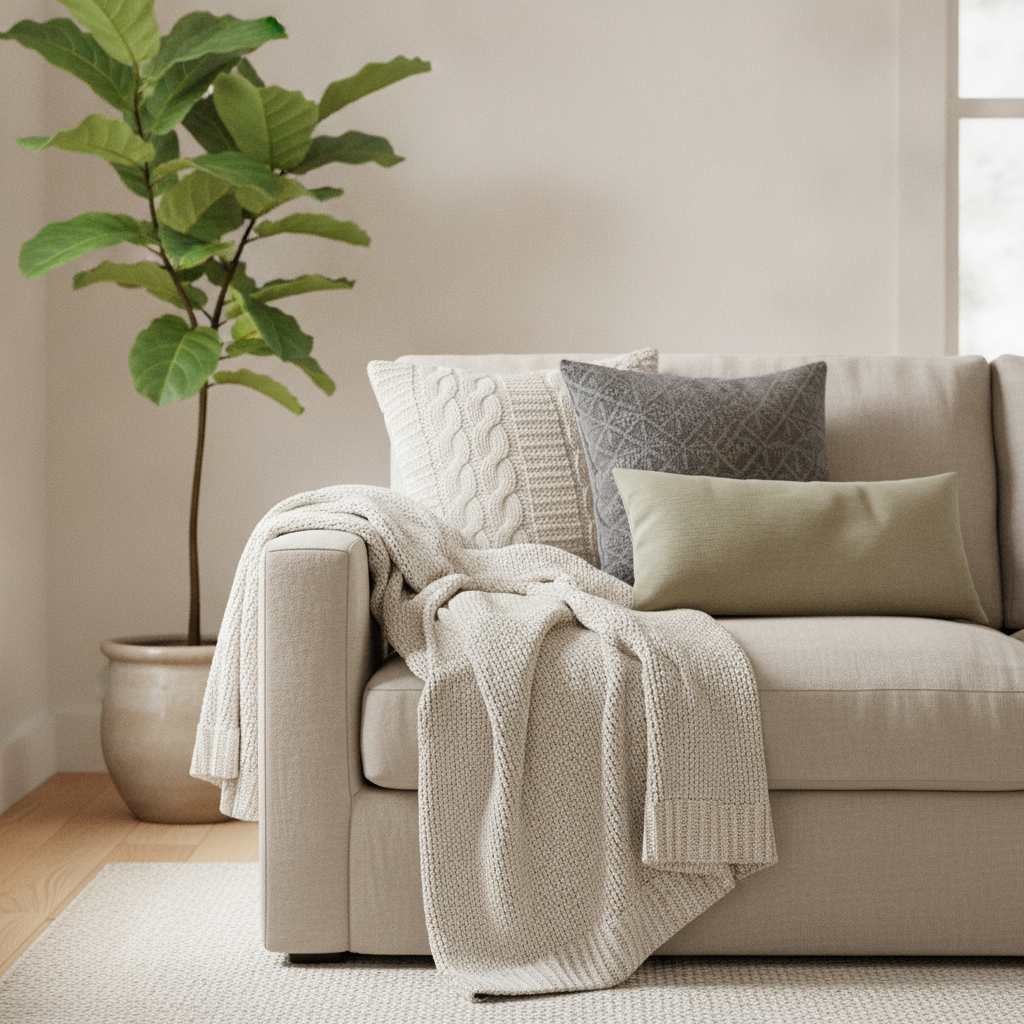Staged living room detail for Brampton home selling checklist: neutral sofa, layered pillows, green plant, natural light