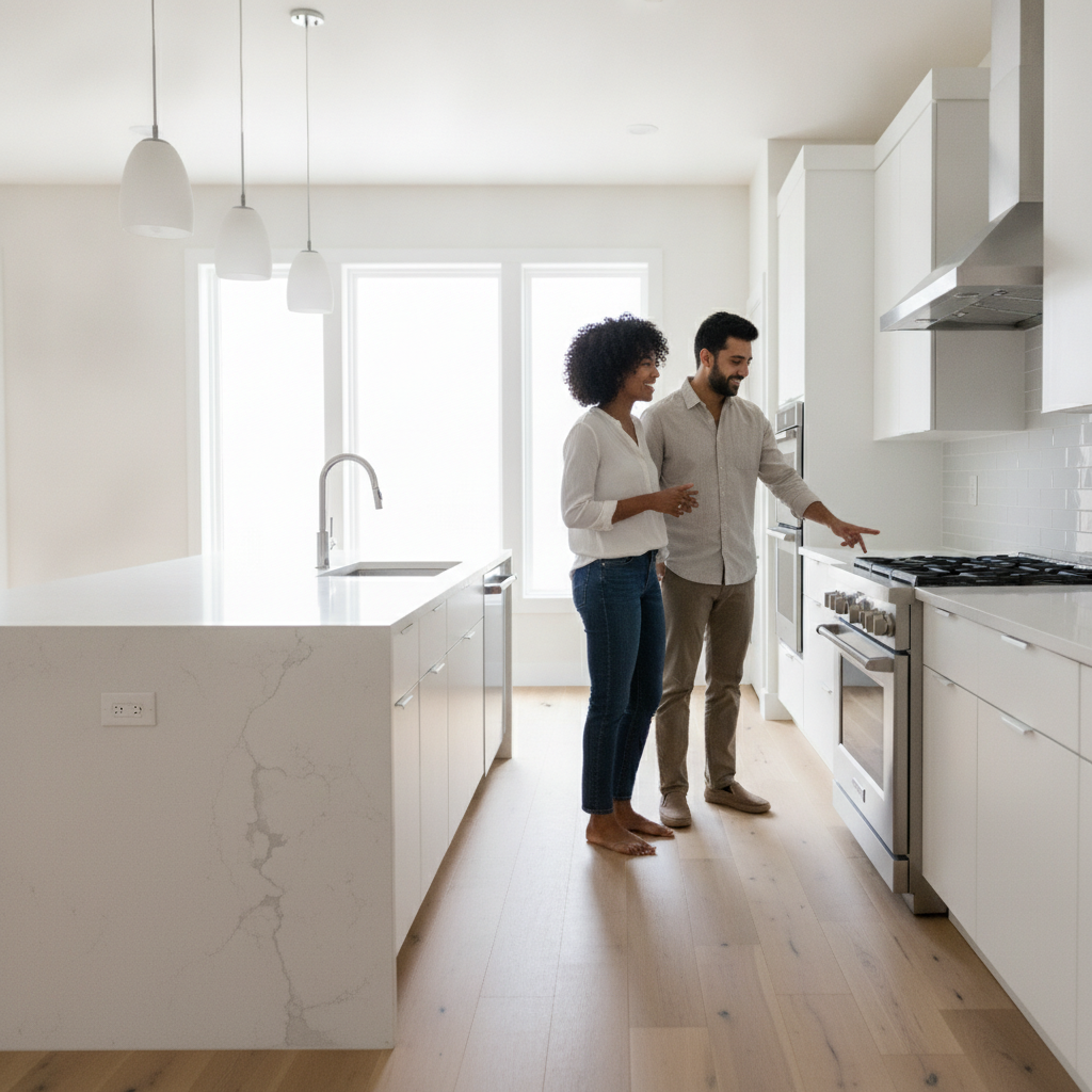 Real estate showing in Brampton: agent guiding buyers through a bright kitchen, illustrating home selling checklist showings step
