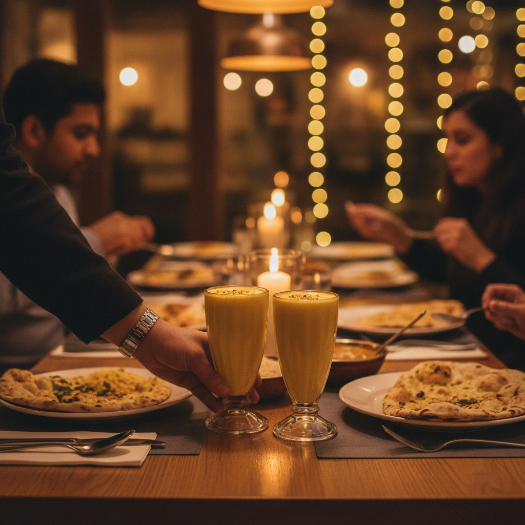 Server placing two mango lassi glasses on a table at a cozy Punjabi restaurant in Brampton