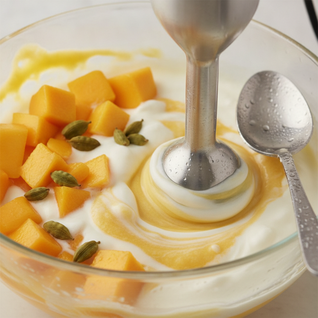 Close-up of ripe mango, creamy yogurt, and cardamom being blended for authentic mango lassi