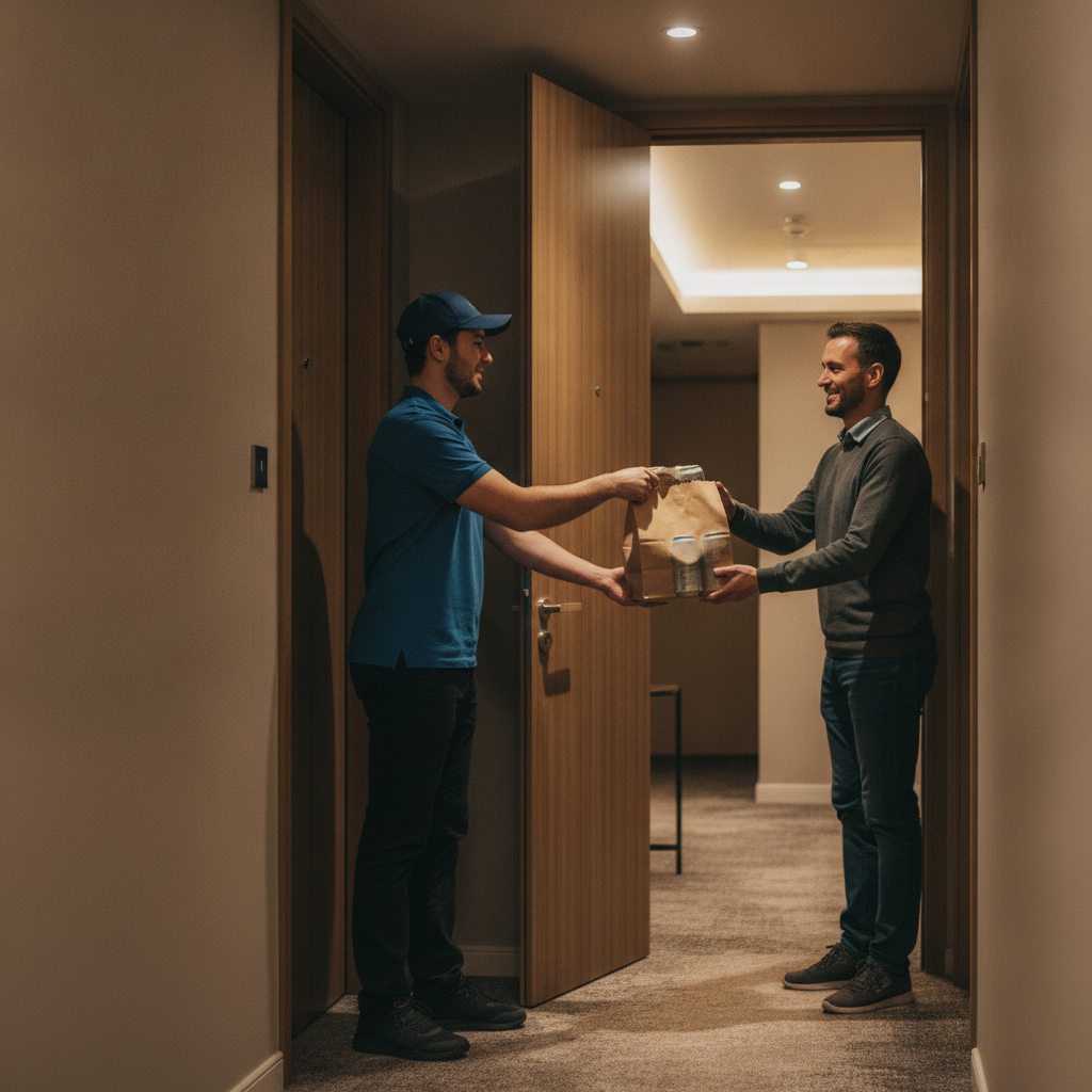 Courier handing a sealed beer delivery bag to a customer at an apartment door in Downtown Calgary