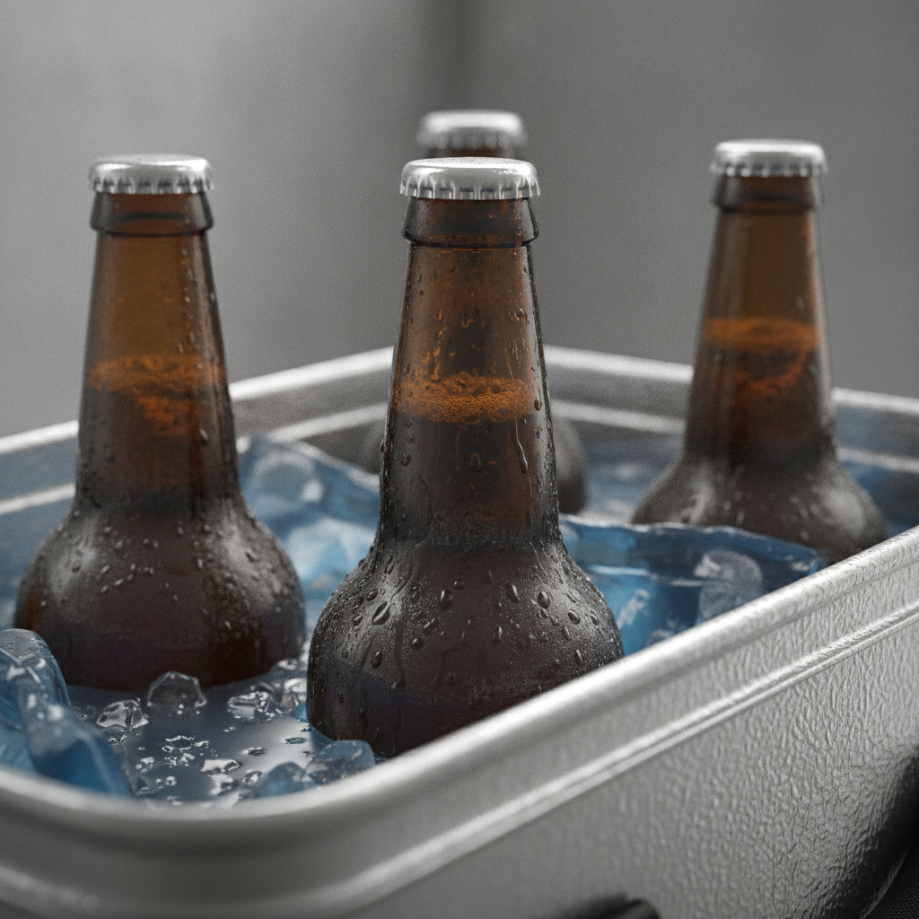 Chilled craft beer bottles in an insulated delivery cooler for fast beer delivery service in Calgary