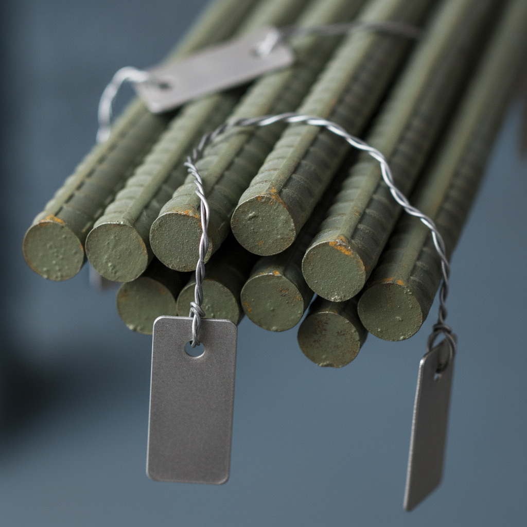 Close-up of epoxy-coated rebar ends with ribbed texture and tags, showing corrosion-resistant reinforcing steel from Woodbridge rebar suppliers